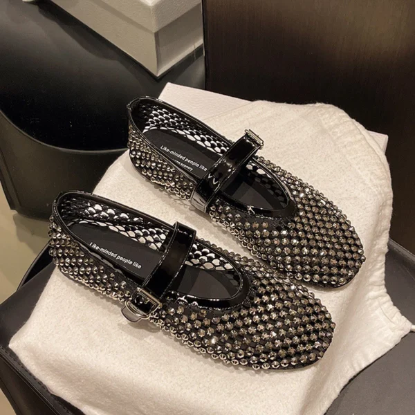 รองเท้าแมรี่เจน บัลเล่ต์ ลายตาข่ายระบายอากาศ สีดำโอนิกซ์