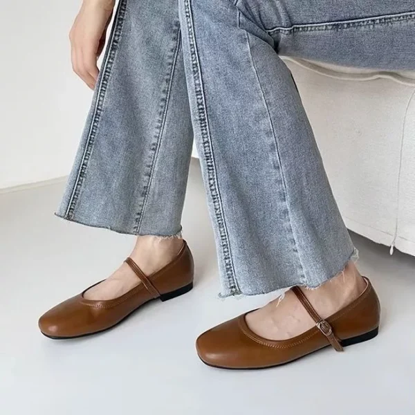 รองเท้าแมรี่เจน ส้นแบนผู้หญิง พื้นนุ่ม สีน้ำตาล