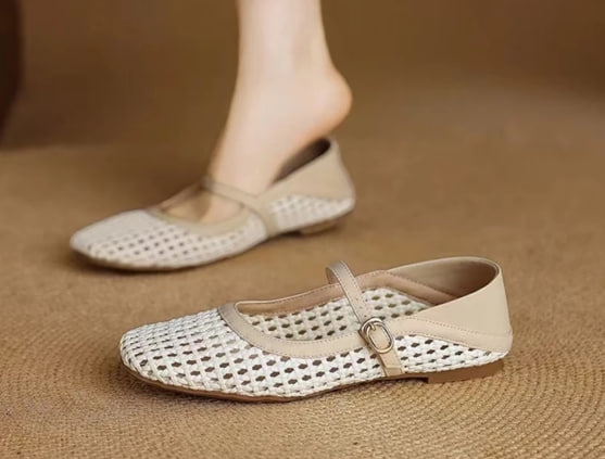 รองเท้าแมรี่เจนผู้หญิง ส้นแบน 1 ซม. หนังนุ่ม ตาข่ายระบายอากาศ