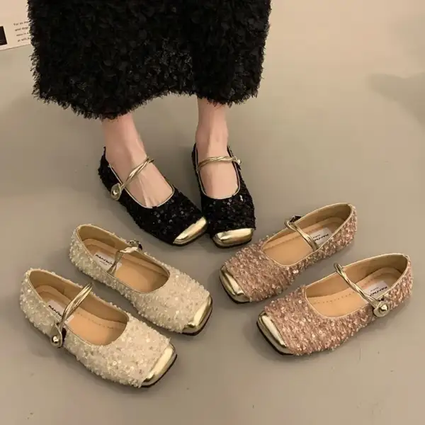 รองเท้าแมรี่เจนส้นแบน หัวสี่เหลี่ยม ไซส์ใหญ่ 35-42 มี 3 สี (ราคาต่อ 1 คู่)