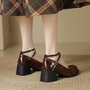 รองเท้าแมรี่เจนย้อนยุคสำหรับผู้หญิง ส้นสูงหนานิ่ม